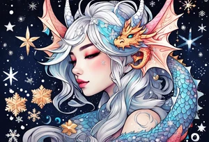 Constellation, kawaii dragon girl , snowflake tattoo idea