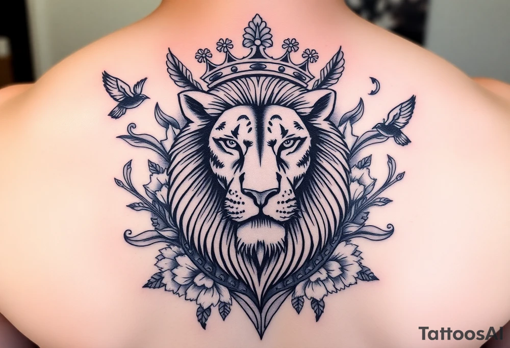 powerful majestic lion with a crown, surrounded by floral ornaments and birds tattoo idea