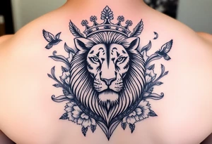powerful majestic lion with a crown, surrounded by floral ornaments and birds tattoo idea