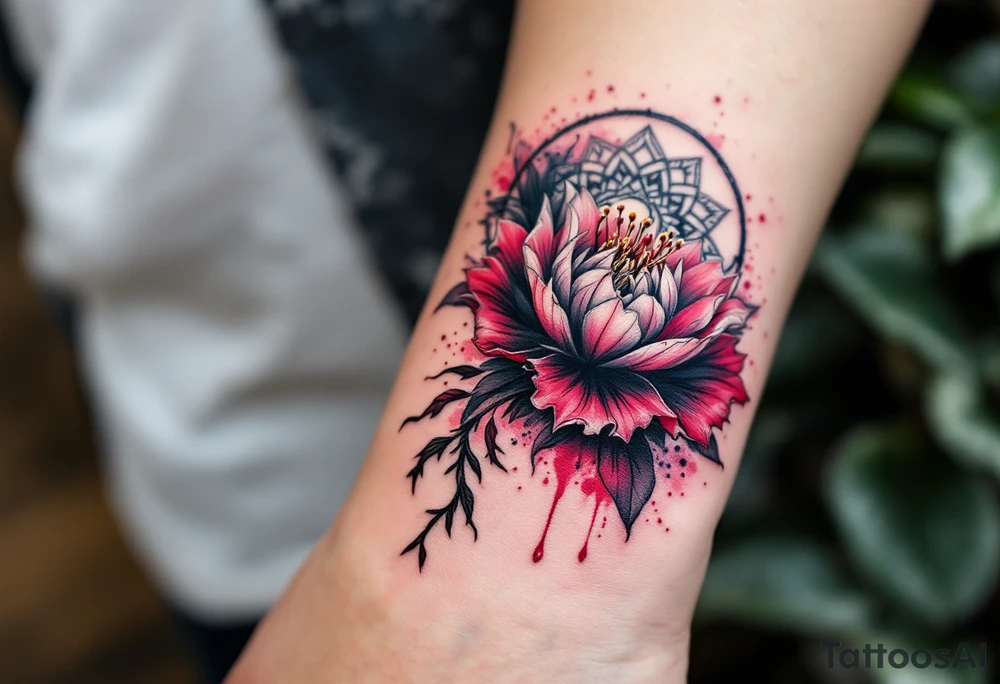 red  and black rhododendron trippy with mandala behind tattoo idea