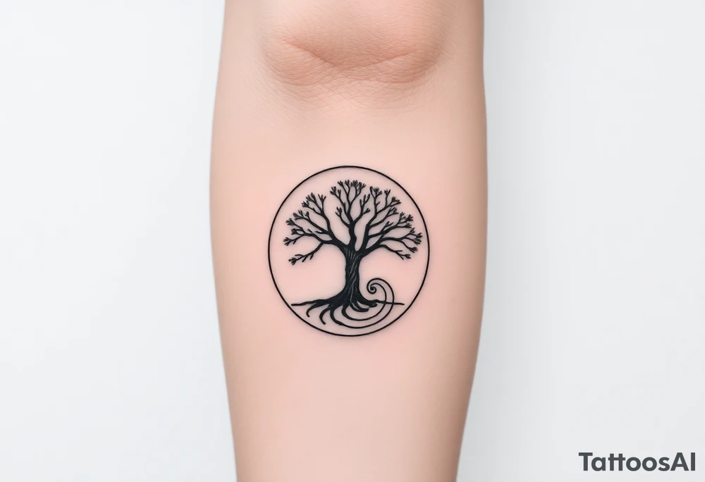 Tree encircled in a spiral circle coming from the center of the tree tattoo idea