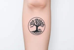 Tree encircled in a spiral circle coming from the center of the tree tattoo idea