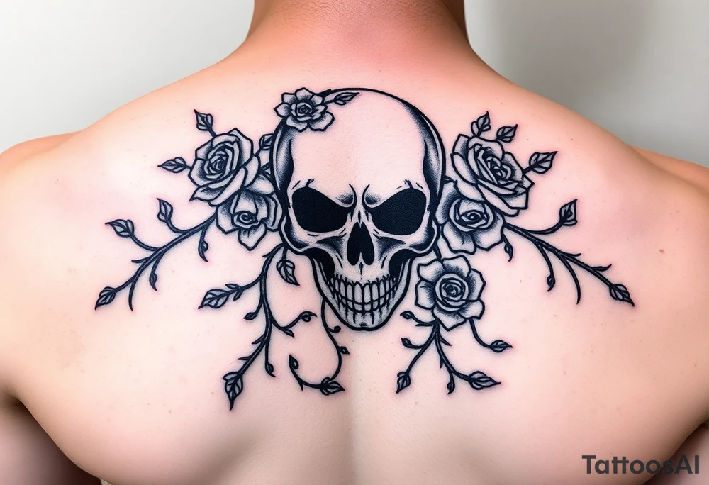 gothic skull intertwined with climbing roses and thorny vines tattoo idea