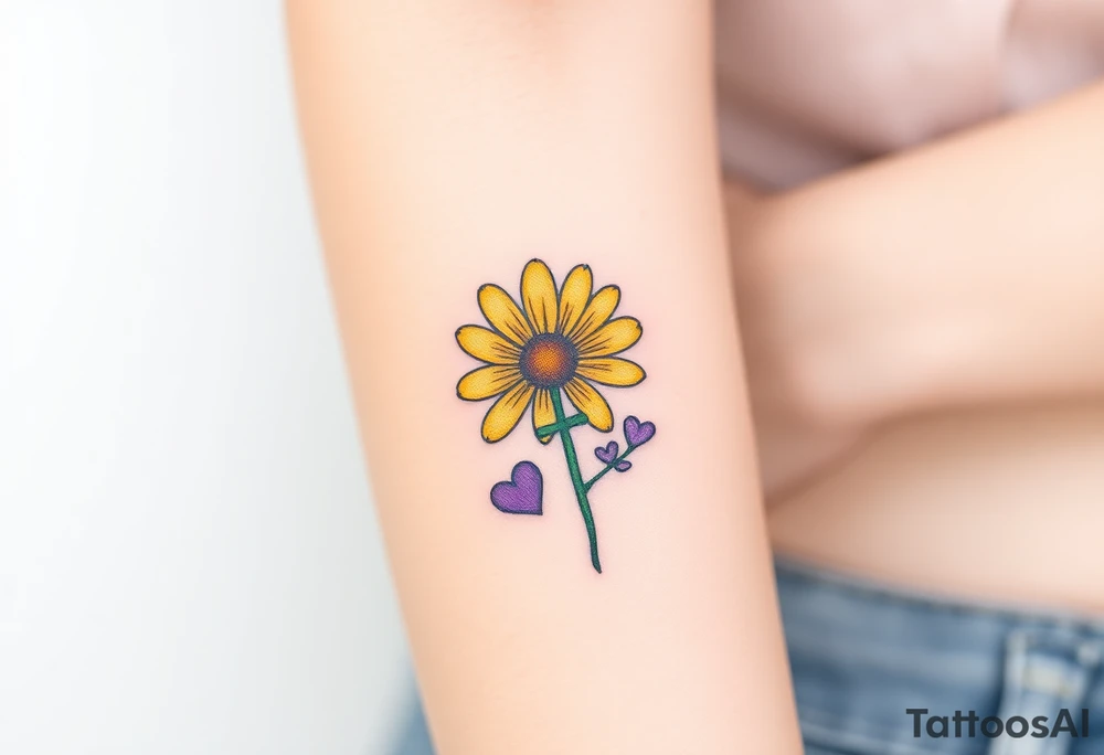 Simple yellow daisy with Purple Hearts & cross tattoo idea