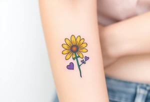 Simple yellow daisy with Purple Hearts & cross tattoo idea