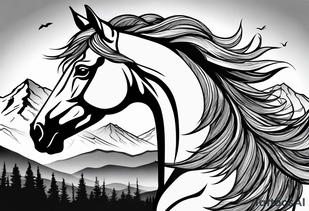 Wild horse, mountain background, feather tattoo idea