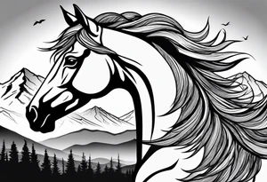 Wild horse, mountain background, feather tattoo idea