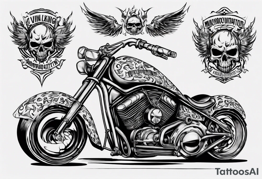 I want a detailed tattoo of a motorcycle surrounded by flames with the company name “Viking Customs” incorporated in the design tattoo idea