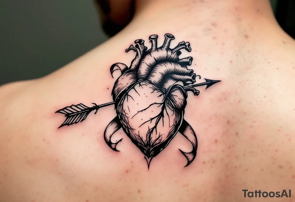 anatomical heart pierced by ornate arrow with flowing ribbons tattoo idea