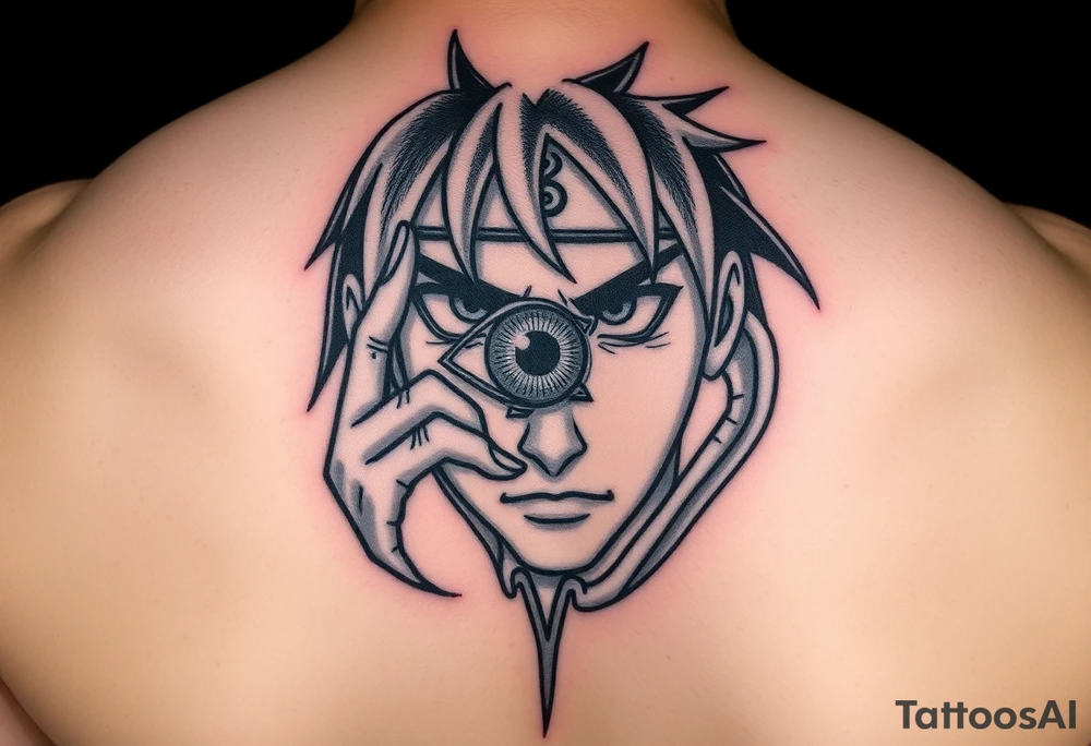 create me a sauske tattoo from Naruto where he is holding his eye and rinnegon in his other tattoo idea