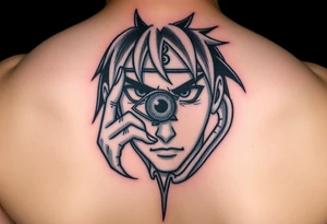 create me a sauske tattoo from Naruto where he is holding his eye and rinnegon in his other tattoo idea