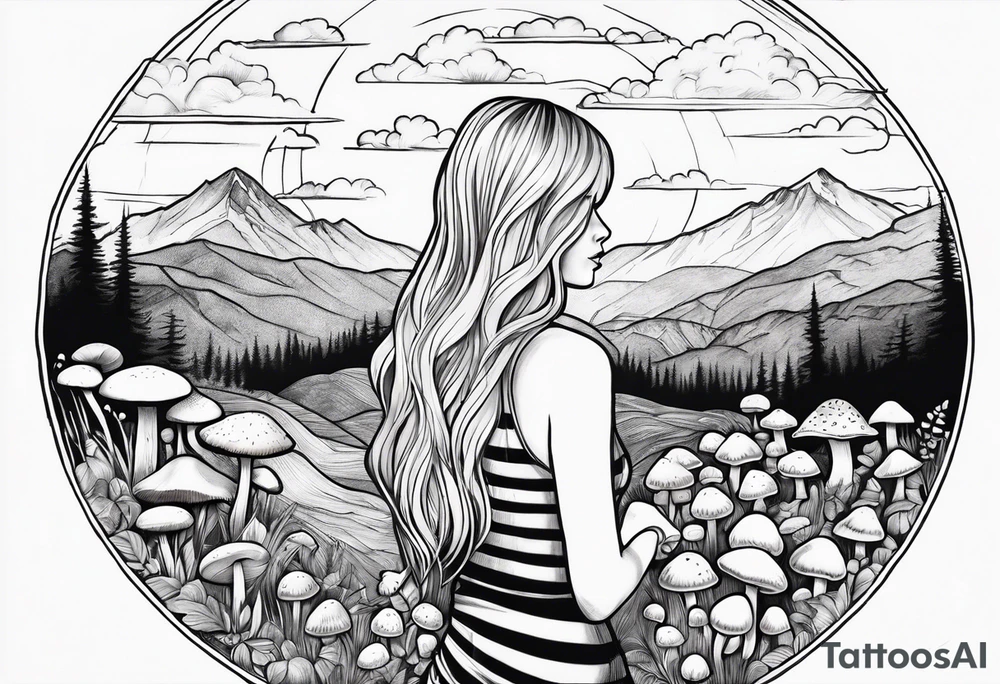 Straight blonde hair girl holding mushrooms in hand facing away toward mountains surrounded by mushrooms circular design black and white striped dress tattoo idea