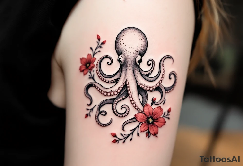 A small realistic black and grey tattoo of an octopus, cute, with detailed shading and soft linework, showing the octopus with swirling tentacles, on light skin. ornamental flowers around with red ink. The style is minimalistic and elegant, resembling fine-line tattoo with a shadow tattoo idea