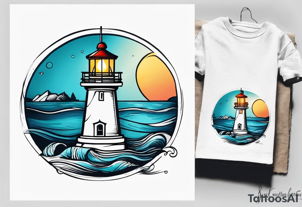 farol iluminado, com a luz acesa em um mar agitado tattoo idea