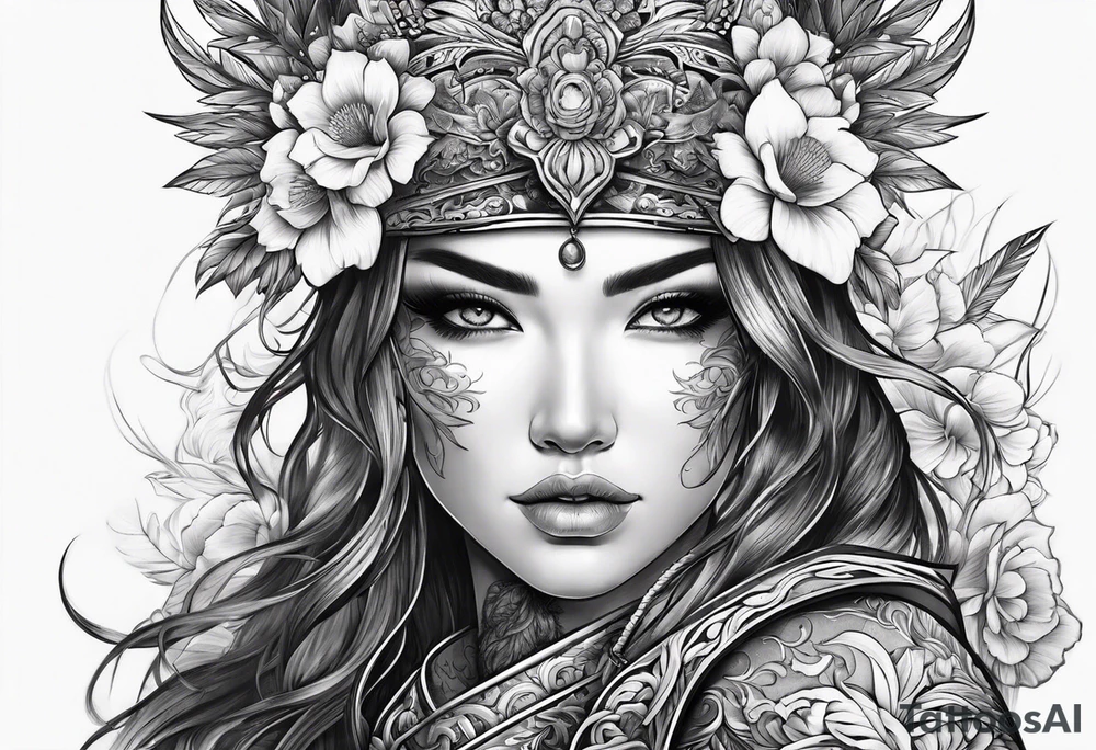 ornate beautiful woman warrior with weapon floral  tattoo tattoo idea