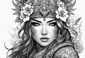 ornate beautiful woman warrior with weapon floral  tattoo tattoo idea