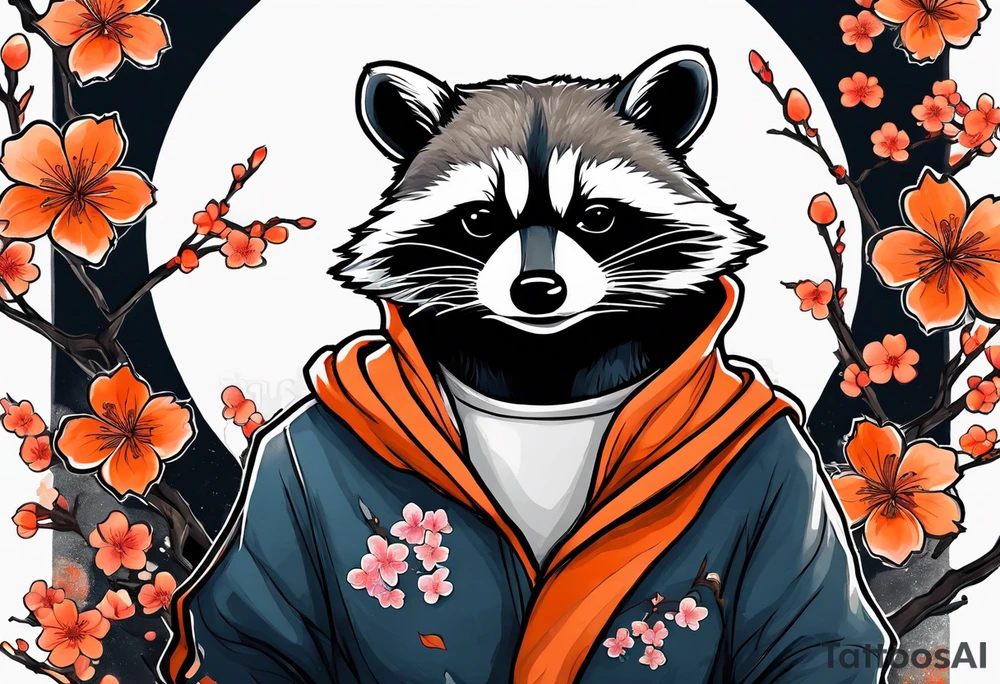 Raccoon wearing a white Superman logo on a black hoodie and orange Japanese cherry blossoms beside tattoo idea