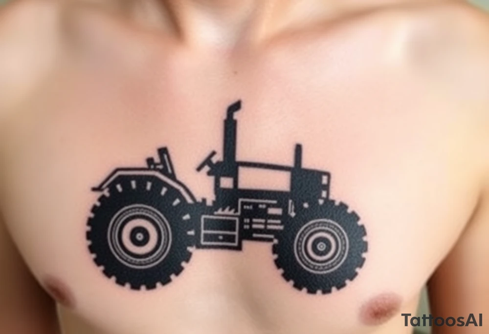 A black and chrome tractor silhouette, with bold shading and a strong, industrial aesthetic. tattoo idea