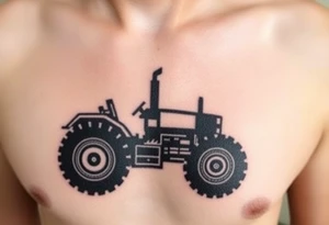 A black and chrome tractor silhouette, with bold shading and a strong, industrial aesthetic. tattoo idea