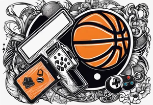 A forearm tattoo that includes a basketball hoop and a cross and a video game controller tattoo idea