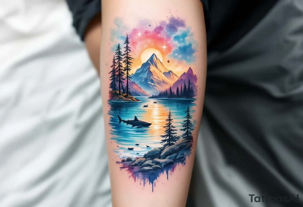 tattoo that has an acacia tree with forest mountains, ocean with a ship wreck with sharks and the bright northern star tattoo idea