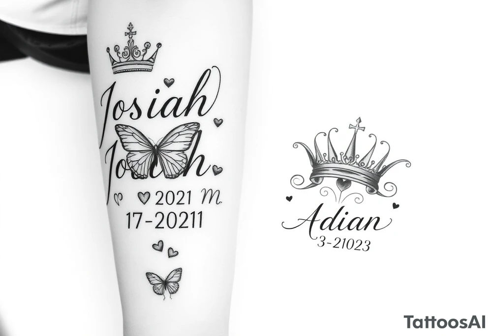 Feminine womens tatto that starts as sleeve and goes down to ankle and in tattoo the names JOSIAH in cursive written with the date 7-2021 in roman numerals AND NEXT TO NAME A PRINCE CROWN and butterfly's and the cancer zodiac number in between with the capricorn sing in between and hearts and the next part lower part of tatto the name ADIAN WITH THE DATE 3-2023 IN ROMEN NUMERALS WITH A SMALLER PRINCE CROWN THEN THE JOSIAHS CROWN AND THEN LITTLE BUTTERFLYS WITH THE PACIES ZODIAC SING IN AND THE CAPRICORN ZODIAC SIGN BOTH SMALL AND IN BETWEEN THE BUTYERFLYS AND HEARTS MAKE IT MIX TOGTHER DO THE SAME WITH THE CANCER AND CPROCORN SIGN ABOVE tattoo idea