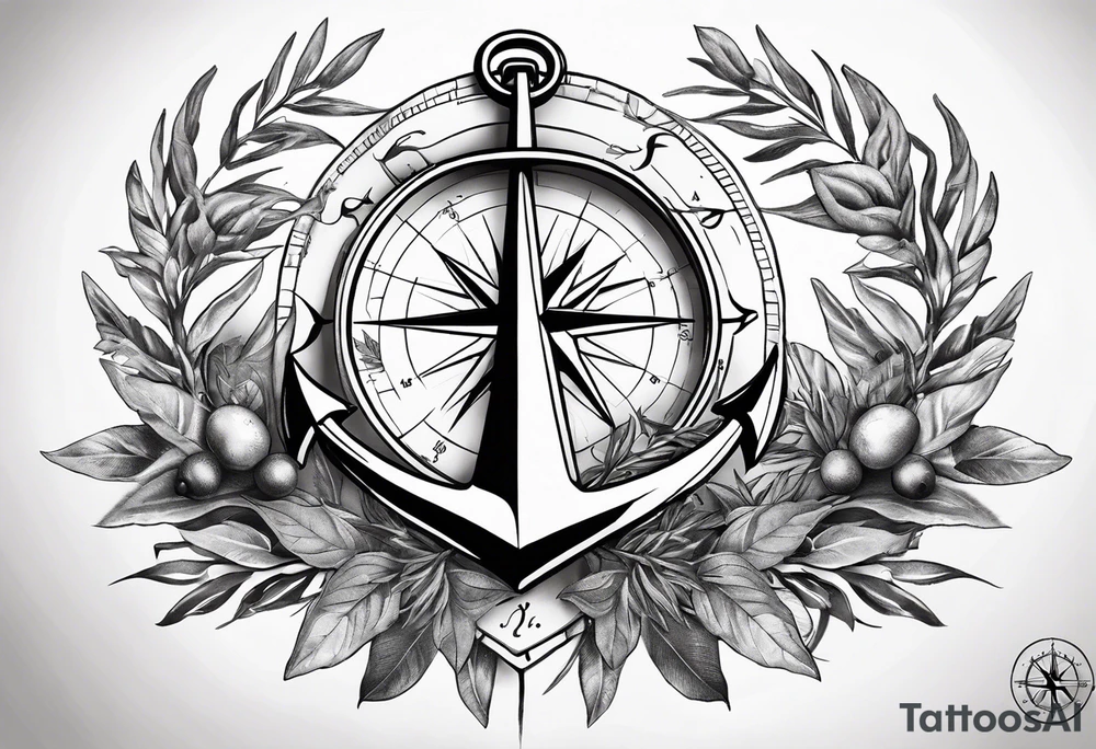 A selucid style anchor in front of a compass and a olive branch wreathe wrapped around the compass tattoo idea