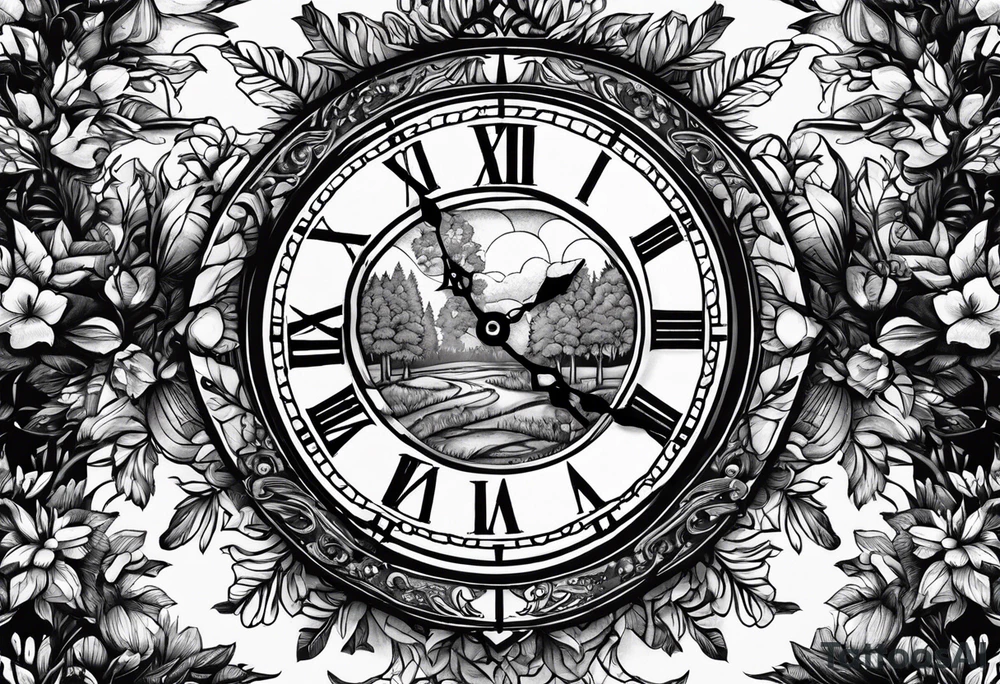 Clock centerpiece surrounded by trees tattoo idea