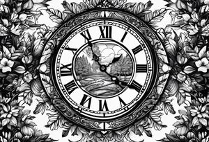 Clock centerpiece surrounded by trees tattoo idea
