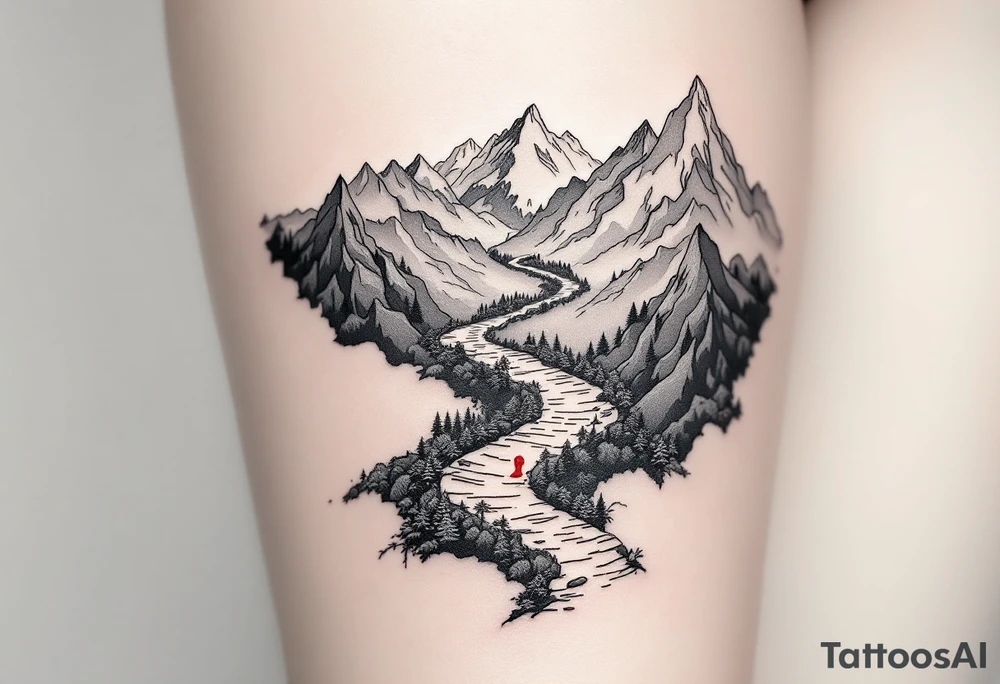 „I nejdelsi cesta zacina prvnim krokem.“ — A winding trail through mountain peaks in soft grays, with a single red bootprint and the proverb written in the sky. tattoo idea