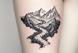 „I nejdelsi cesta zacina prvnim krokem.“ — A winding trail through mountain peaks in soft grays, with a single red bootprint and the proverb written in the sky. tattoo idea