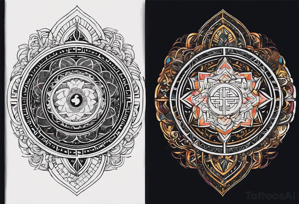 A half-and-half tattoo design, where one half features intricate geometric and mystical symbols inspired by Doctor Strange, with detailed line work or tribal patterns. The other half could integrate another element, such as a philosophical word from Asian languages, adding depth and personal meaning. The design balances mystical symbols with reflective, life-oriented themes tattoo idea