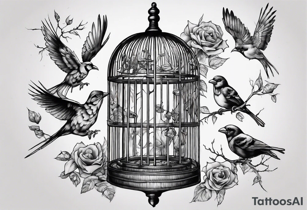 highly detailed bird ecscaping from bird cage tattoo idea