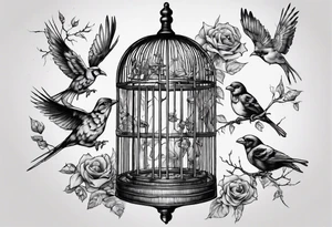 highly detailed bird ecscaping from bird cage tattoo idea