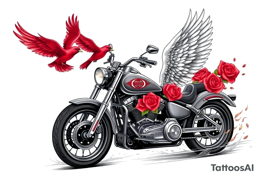 Harley grey motorcycle driving away, two red birds flying, roses, flames, angel wings tattoo idea