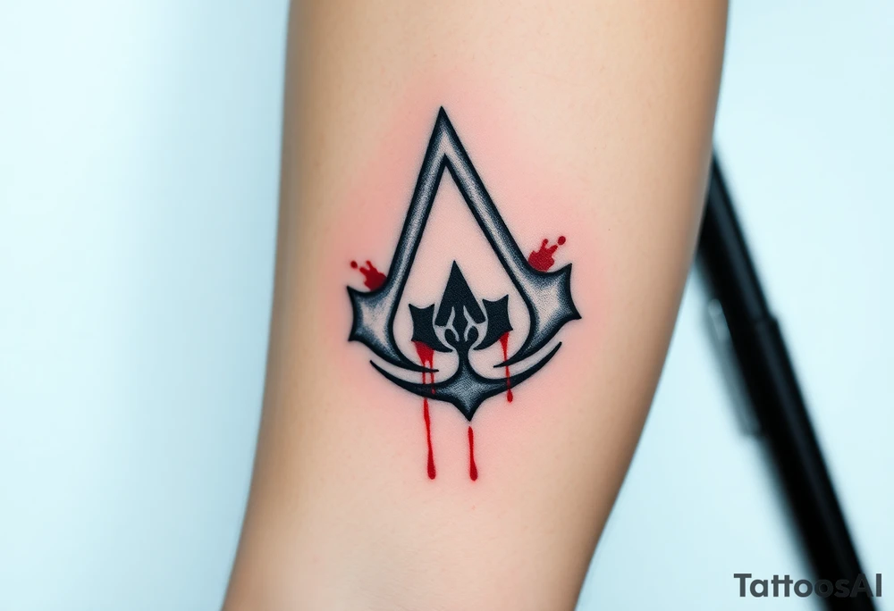 Assassins Creed emblem with Ezio inside and blood splashes incorporated into logo. tattoo idea
