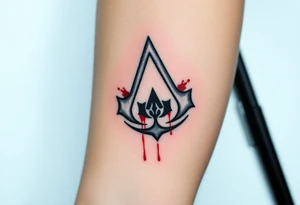 Assassins Creed emblem with Ezio inside and blood splashes incorporated into logo. tattoo idea