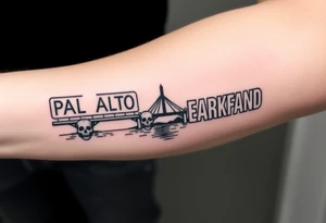 “East Palo Alto” city sign and “Newark” city sign on opposite sides of a bridge going across water in California with skulls and money and  scarface tattoo idea