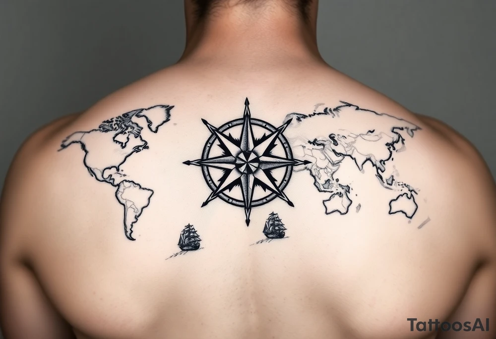 antique compass rose overlaid on weathered world map with sailing ships tattoo idea