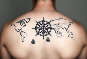 antique compass rose overlaid on weathered world map with sailing ships tattoo idea