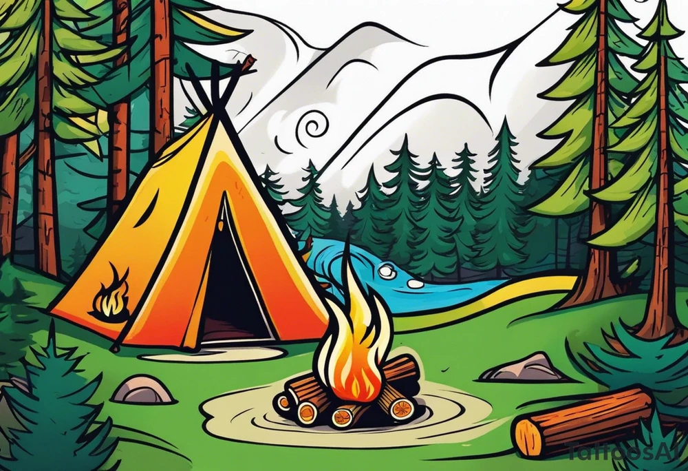 Small campfire in the center, right side: an evergreen tall tree, left side: skinny fast flow steam tattoo idea