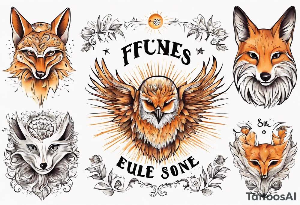 Fuchs und Eule unter der Sonne mit dem Schriftzug Sapere Aude tattoo idea