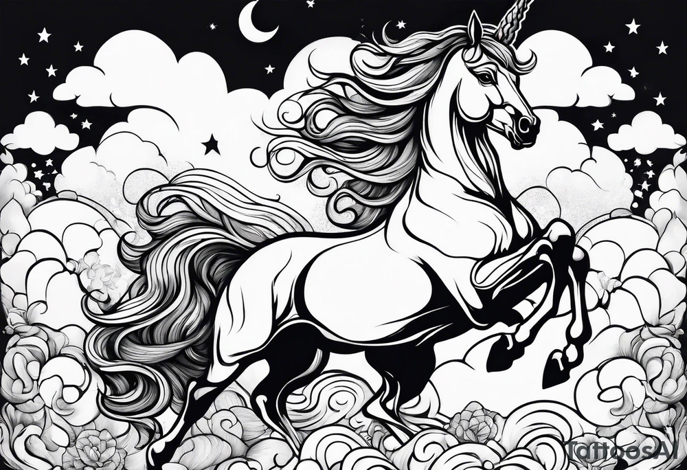 Whimsical unicorn in clouds tattoo idea