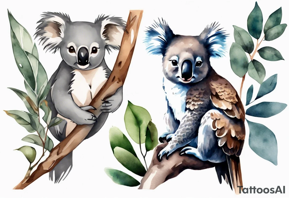 A koala with a kookaburra with eucalyptus leaves and wattle leaves tattoo idea