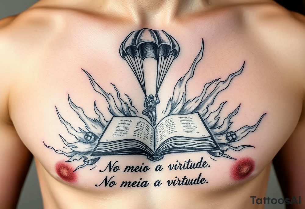 A parachuting soldier landing into an open book. Chaos surrounding, but the book is protecting the soldier from it. On the chest. Make it smaller. Make it thought provoking. "No meio esta a virtude" underneath the book. Make the chaos in the environment be fire tattoo idea
