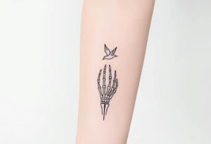Skeleton hand reaching out of the ocean for a flying swallow tattoo idea