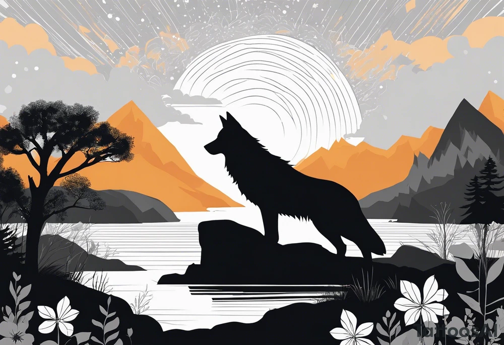 Black and white silhouette illustration of a majestic, bioluminescent wolf and eagle perched on a rocky mountain. The wolf and eagle are outlined in bold black lines, with a subtle glow suggested through radiating shapes around their forms. The surrounding landscape features silhouettes of glowing flowers, trees, and a winding river, all outlined simply. The overall atmosphere captures a sense of magical wonder, with the focus on the stark contrast of the glowing figures against the minimalist background. tattoo idea