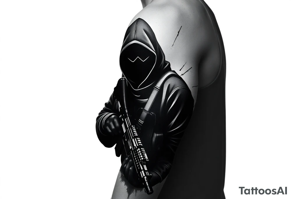 Minimalist covert operative symbolism representing loyalty and survival, faceless soldier silhouette emerging from darkness, torn fabric, subtle scars, controlled posture, black and grey realism, emotional restraint, understated strength, tattoo sleeve element. tattoo idea