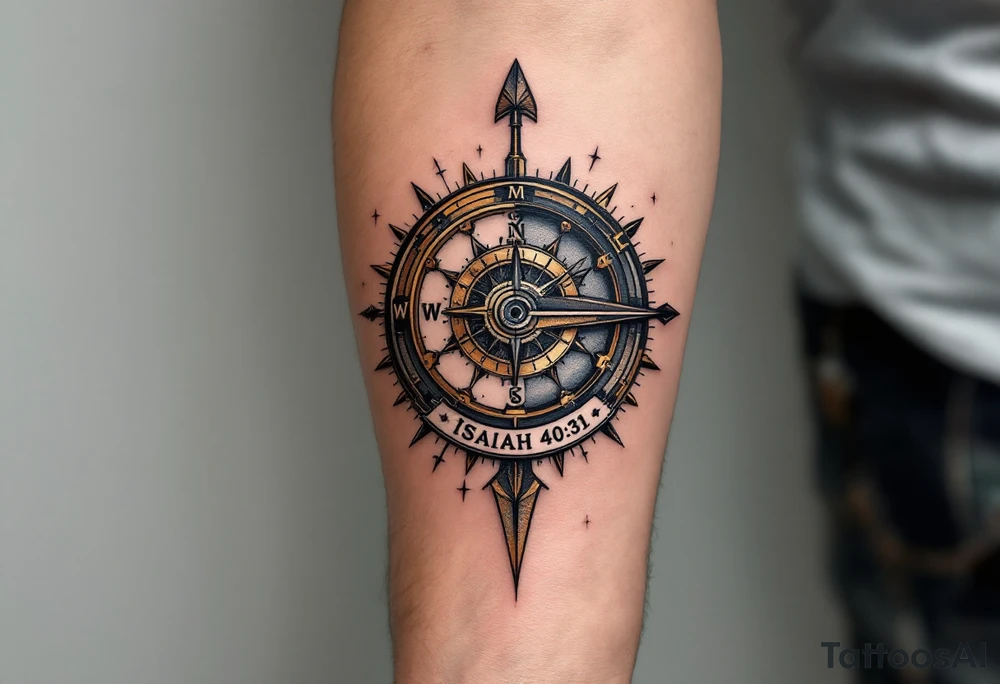 steampunk half compass/clock with a full-length arrow saying "Isaiah 40:31" tattoo idea