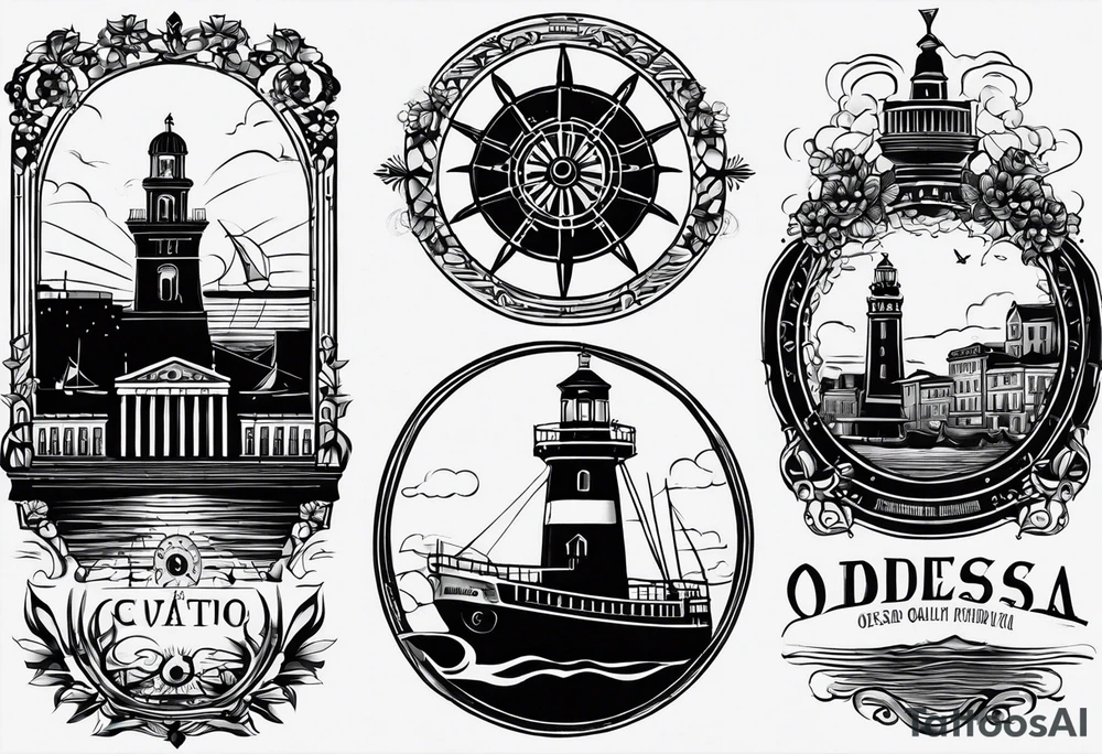 This tattoo depicts the city of Odesa. The main symbols of this city are a ship's wheel, a lighthouse, the Potemkin Stairs, the sea, the Opera House, and the cozy small streets. tattoo idea
